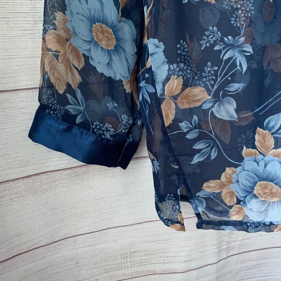 Secret Treasures Blue Floral Sheer Pajama Top Button Up Front Satin Trim Size L - Picture 7 of 15